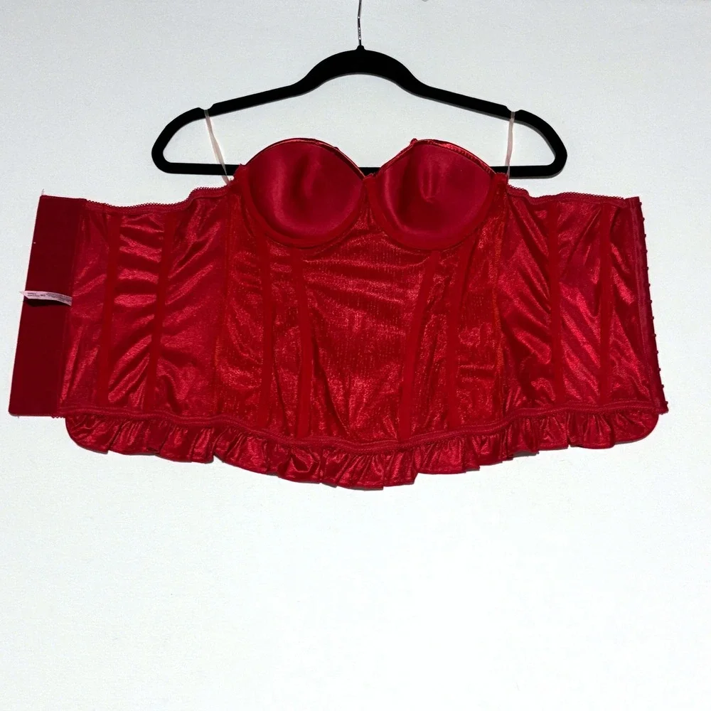 Body Central Native Red Satin Corset‎ Bustier Boned Ruffle Trim Women's 34B Sexy
